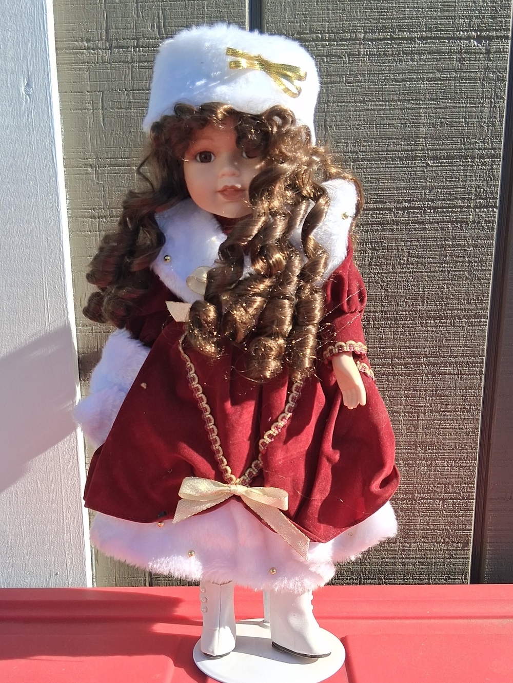 Classic Burgundy Holiday Porcelain Doll with White Trim